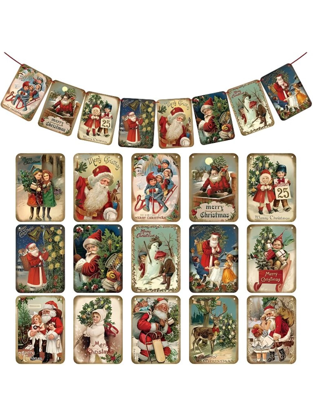 15 Pcs Christmas Vintage Style Hanging Banner with Red Ribbon Victorian Style